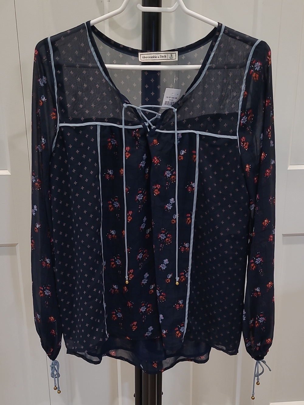 Abercrombie & Fitch Navy Floral Lace-Up Sheer Blouse NWT